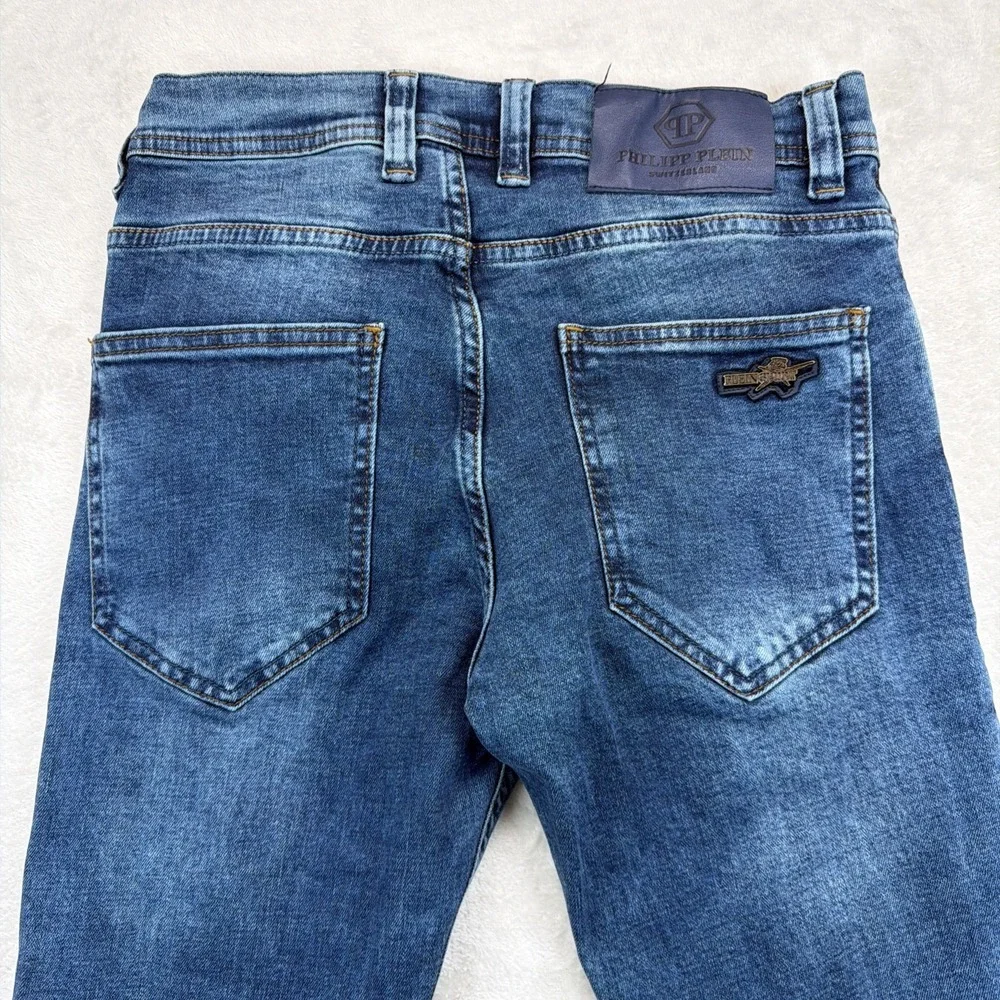 Philipp Plein Mens Jeans 30x34 Blue Slim Straight Logo Designer Denim Luxury